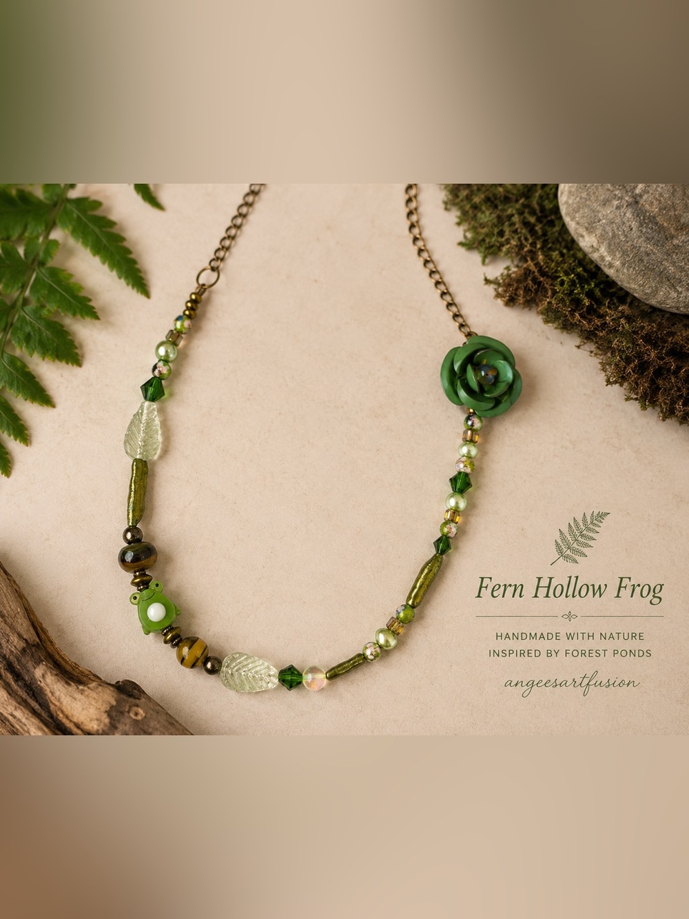 “Fern Hollow Frog”-Botanical Necklace with Glass Frog,Pearls,Cloisonné